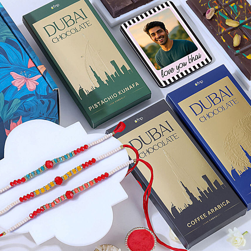Trio Yellow Beads Rakhi Gift Box