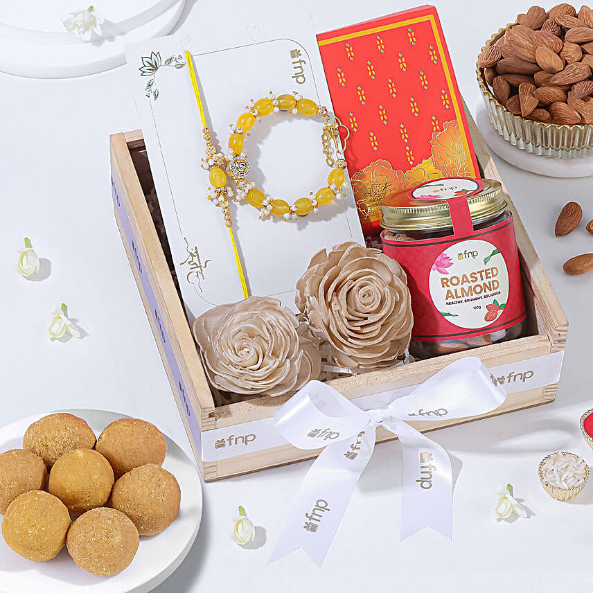 Designer Pearl Rakhi Hamper with Ladoo N Almonds