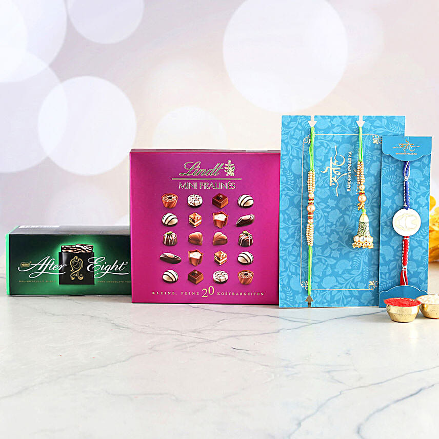 3 Designer Rakhis And Flavourful Chocolate Hamper