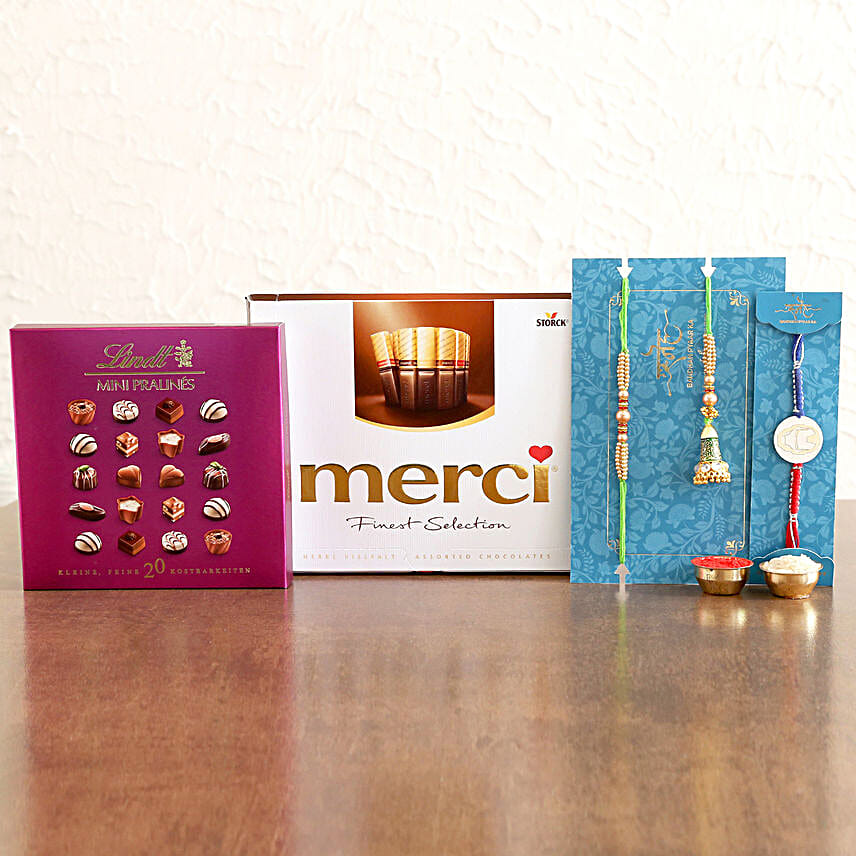 3 Designer Rakhis And Lindt Pralines Hamper