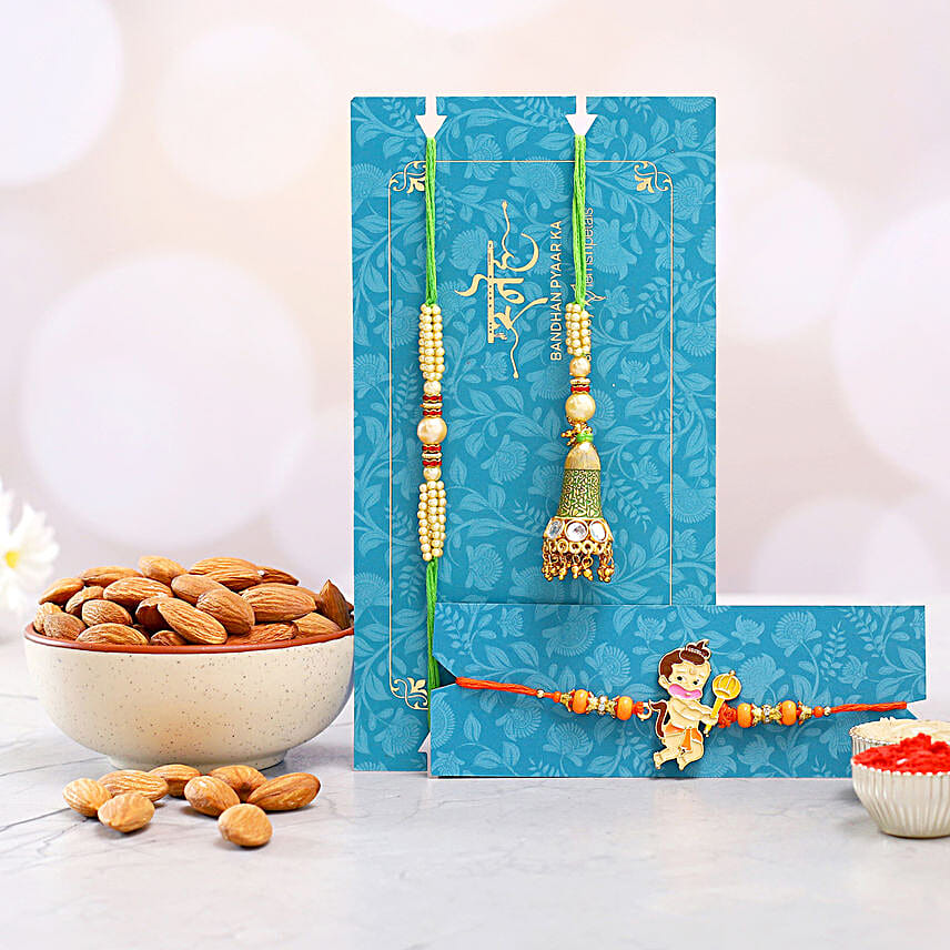 Bal Hanuman And Green Lumba Rakhi Set With Healthy Almonds