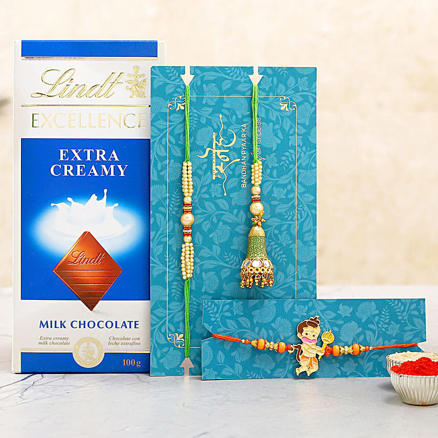 Bal Hanuman And Green Lumba Rakhi Set With Lindt