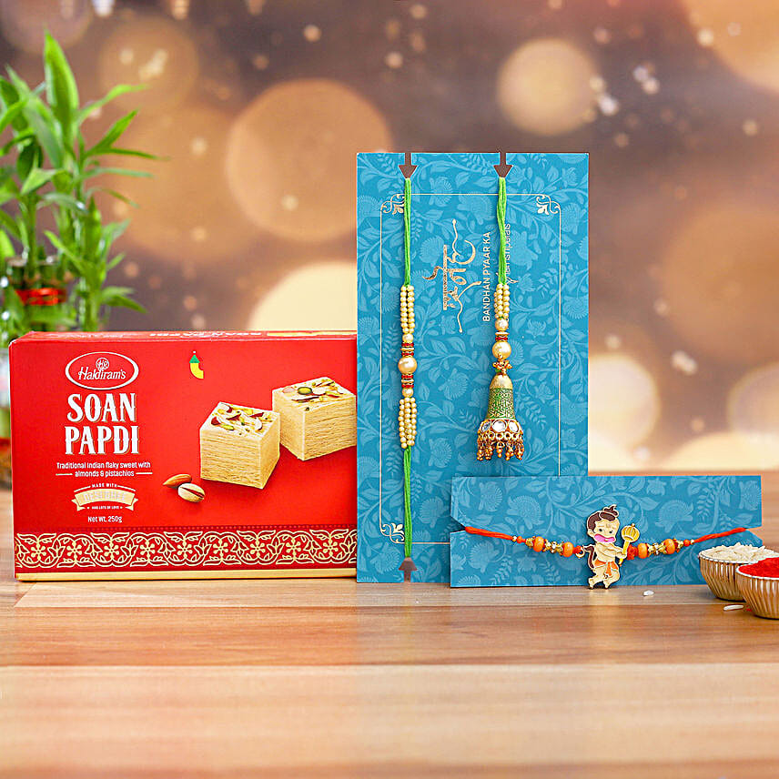 Bal Hanuman And Green Lumba Rakhi Set With Soan Papdi