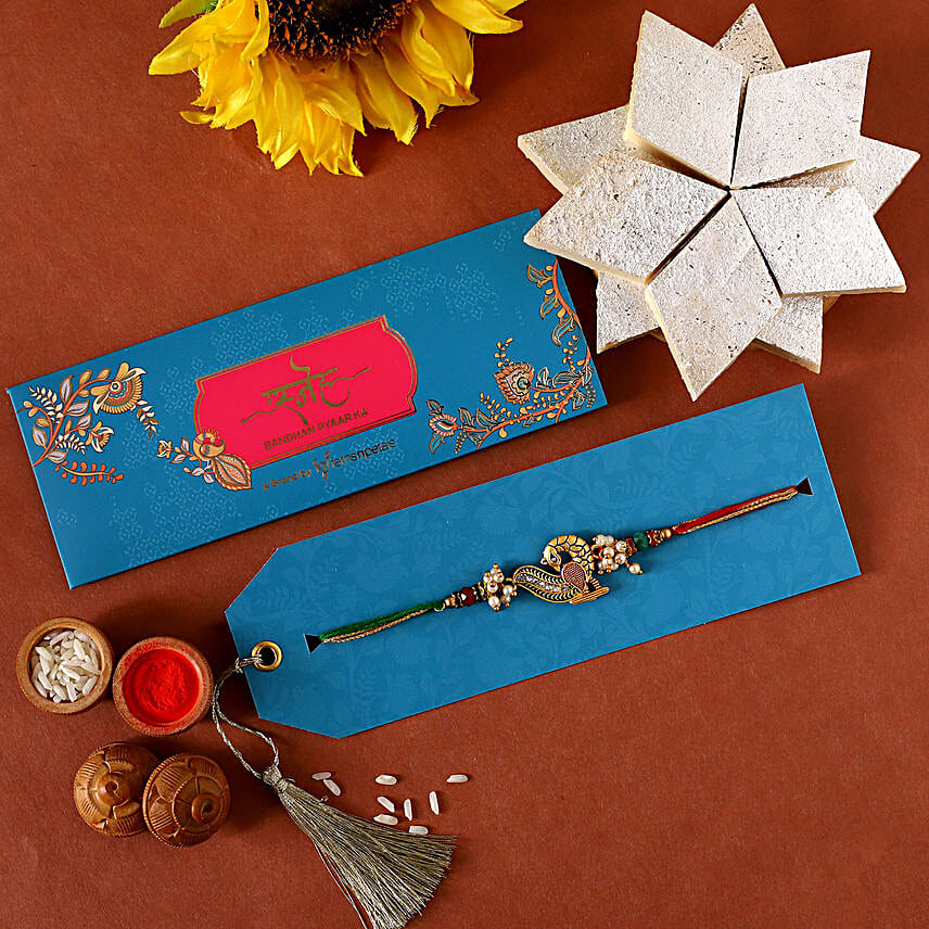 Beautiful Peacock Designer Rakhi With 340 Gms Kaju Katli