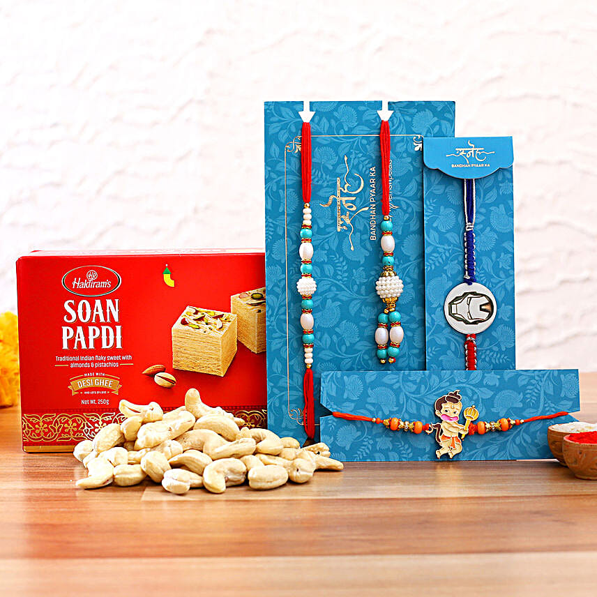 Blue Lumba Rakhi Set And 2 Kids Rakhi With Cashew And Soanpapdi