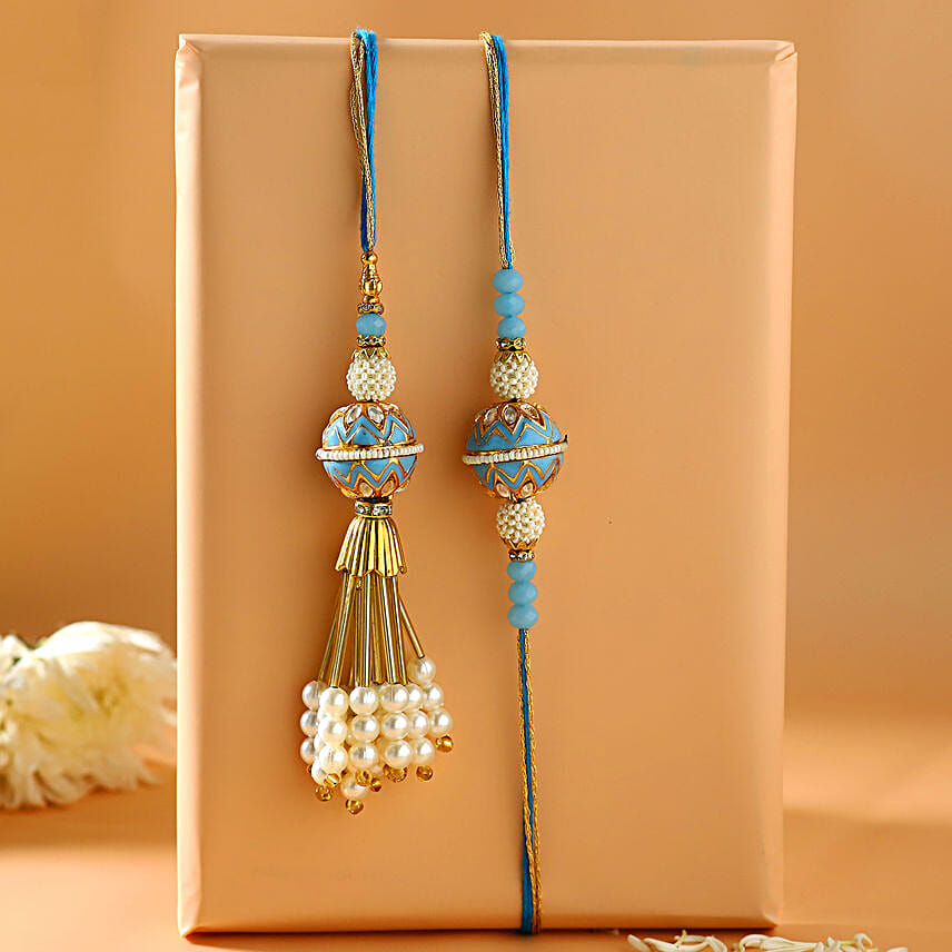 Blue Orb Pearl And Lumba Rakhi Set With 340 Gms Kaju Katli