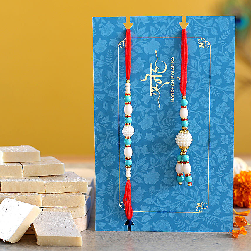 Blue Pearl And Lumba Rakhi Set With 340 Gms Kaju Katli