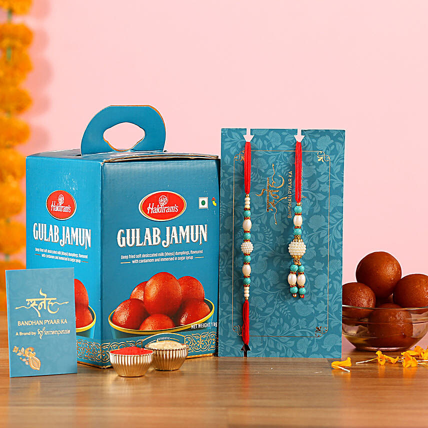 Blue Pearl Lumba Rakhi Set And Gulab Jamun