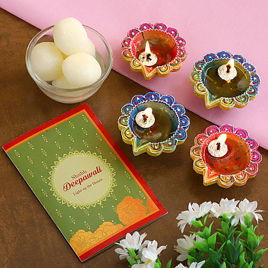 Decorative Diwali Diyas With Rasgulla