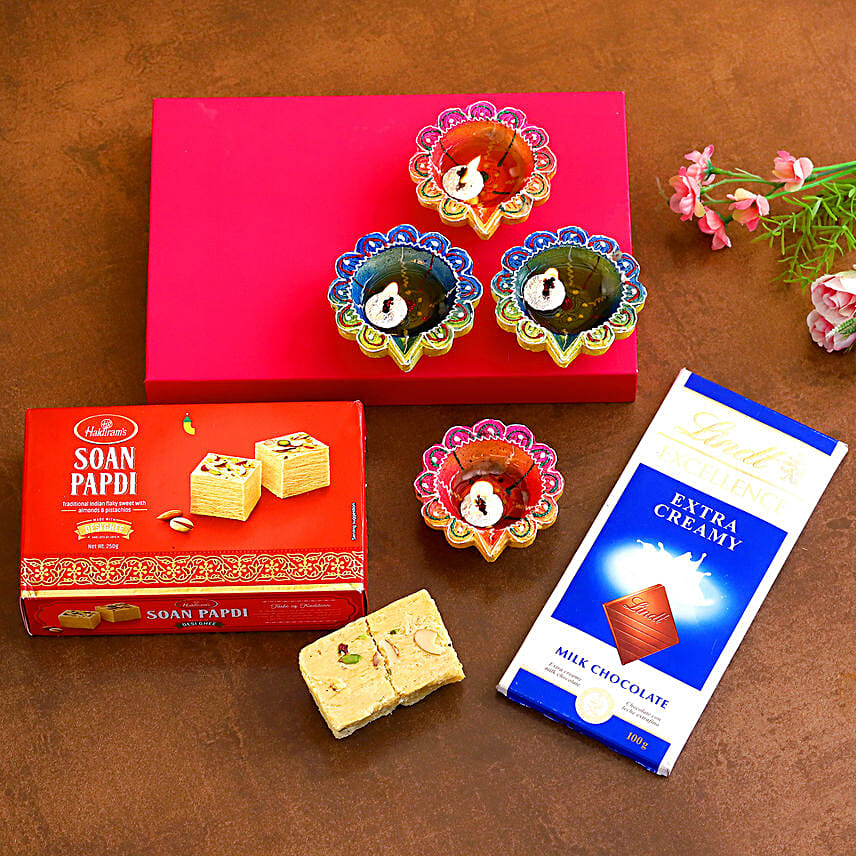 Designer Diwali Diyas With Lindt Chocolate And Soan Papdi
