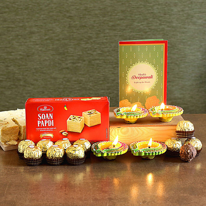 Designer Diyas With Soan Papdi And Chocolates N Greeting Card