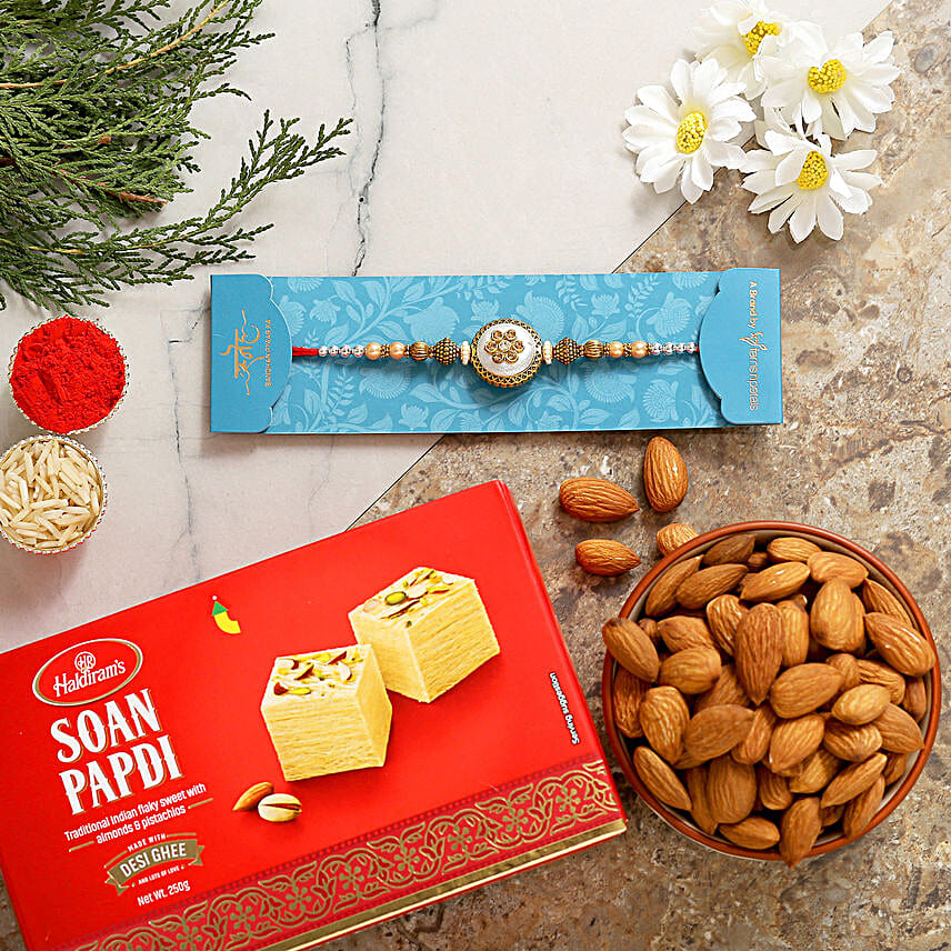 Designer Pearl Rakhi With Soanpapdi And Almonds