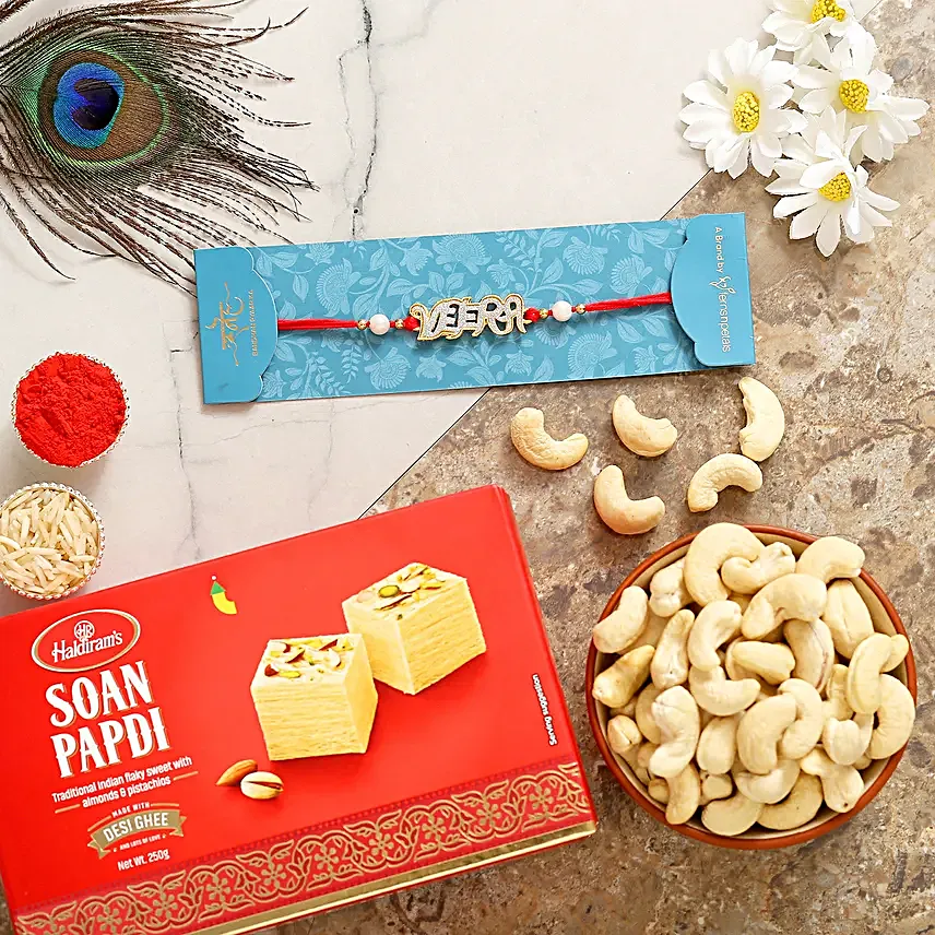 English Veera Rakhi With Soanpapdi And Cashew