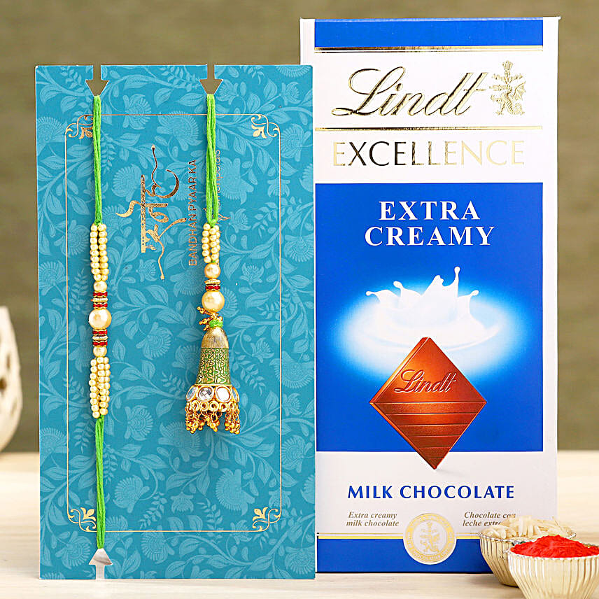 Ethnic Green Pearl And Lumba Rakhi Set With Lindt