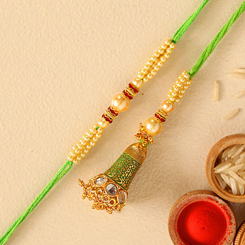 Ethnic Green Pearl And Lumba Rakhi Set With Lindt