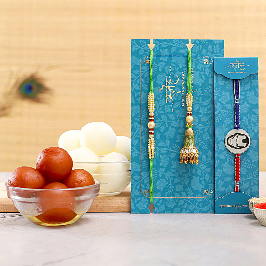 Ethnic Lumba Rakhi Set And Ironman Rakhi With Gulabjamun And Rasgulla