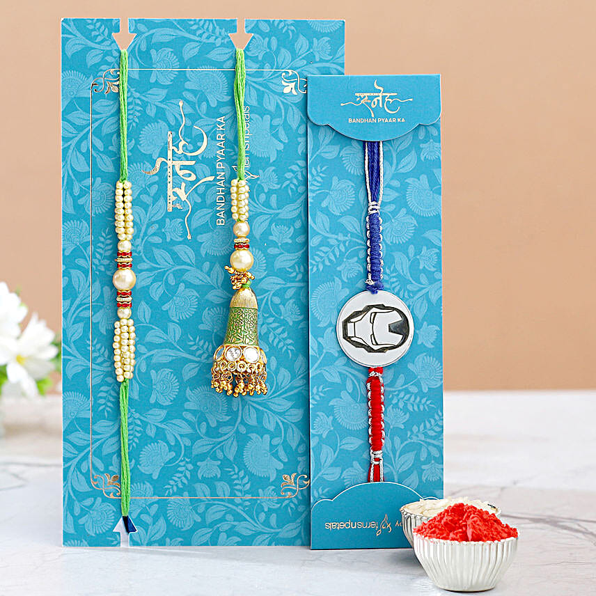 Ethnic Lumba Rakhi Set And Ironman Rakhi With Gulabjamun And Rasgulla