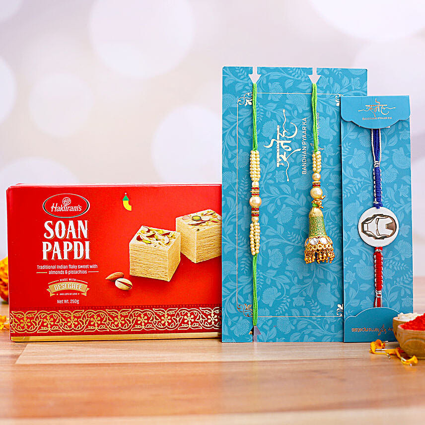Green Lumba Rakhi Set And Ironman Rakhi With Soan Papdi
