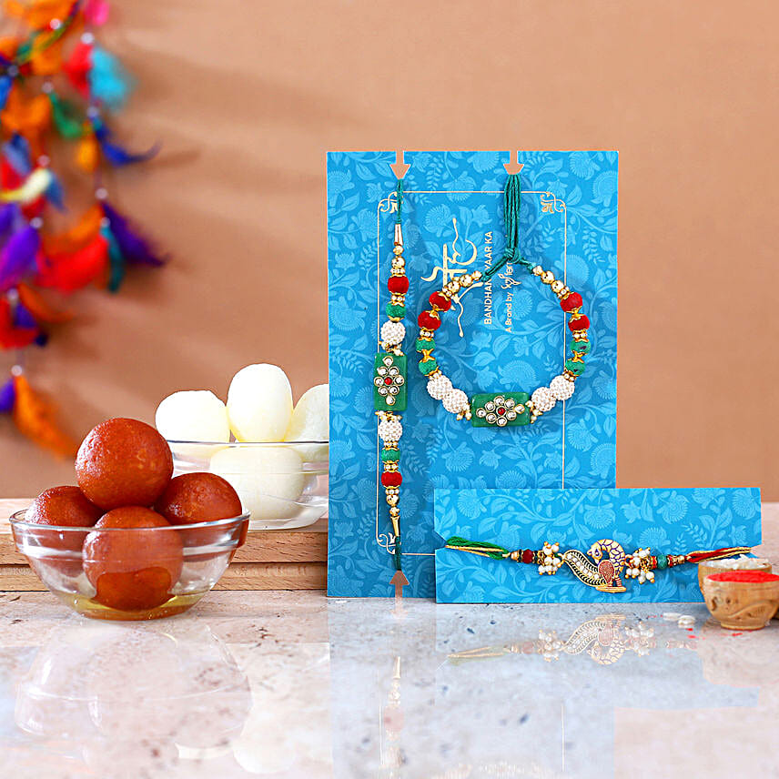 Green Lumba Rakhi Set And Peacock Rakhi With Sweets