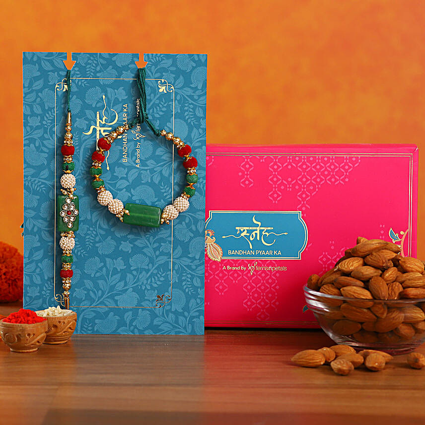 Green Pearl And Lumba Rakhi Set With Healthy Almonds