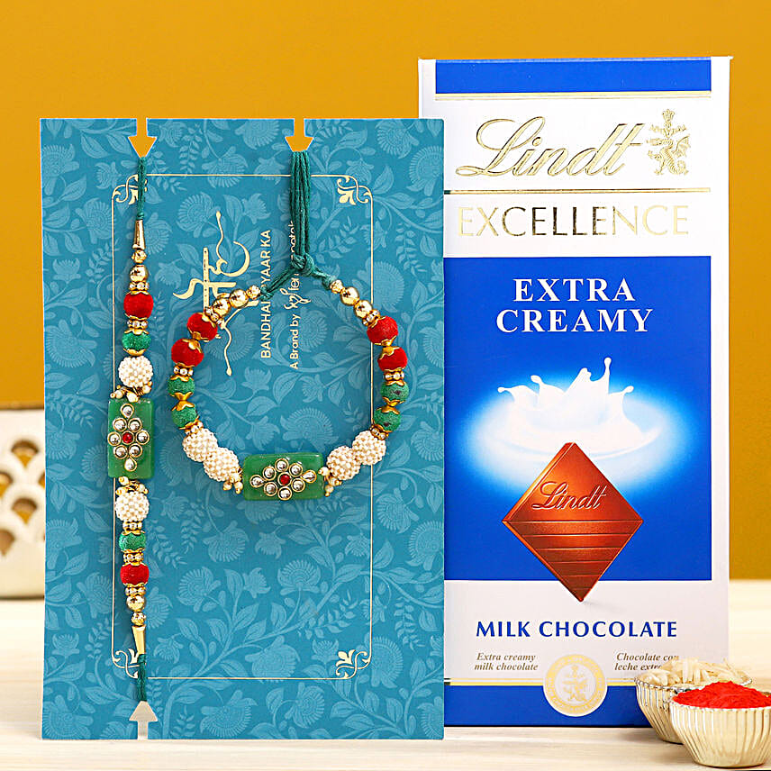 Green Pearl And Lumba Rakhi Set With Lindt