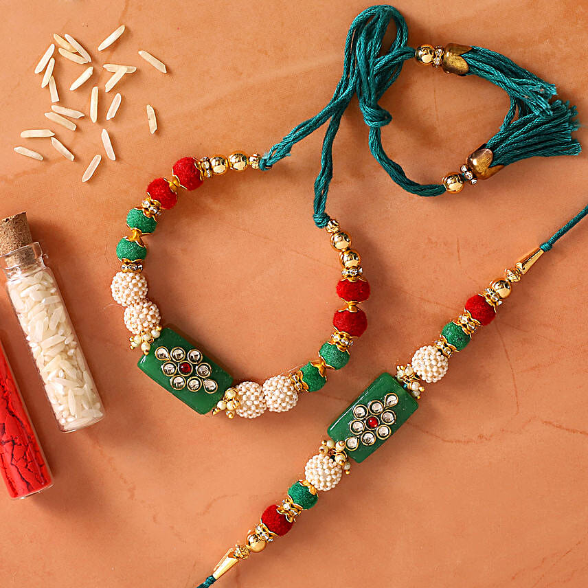 Green Pearl And Lumba Rakhi Set With Lindt