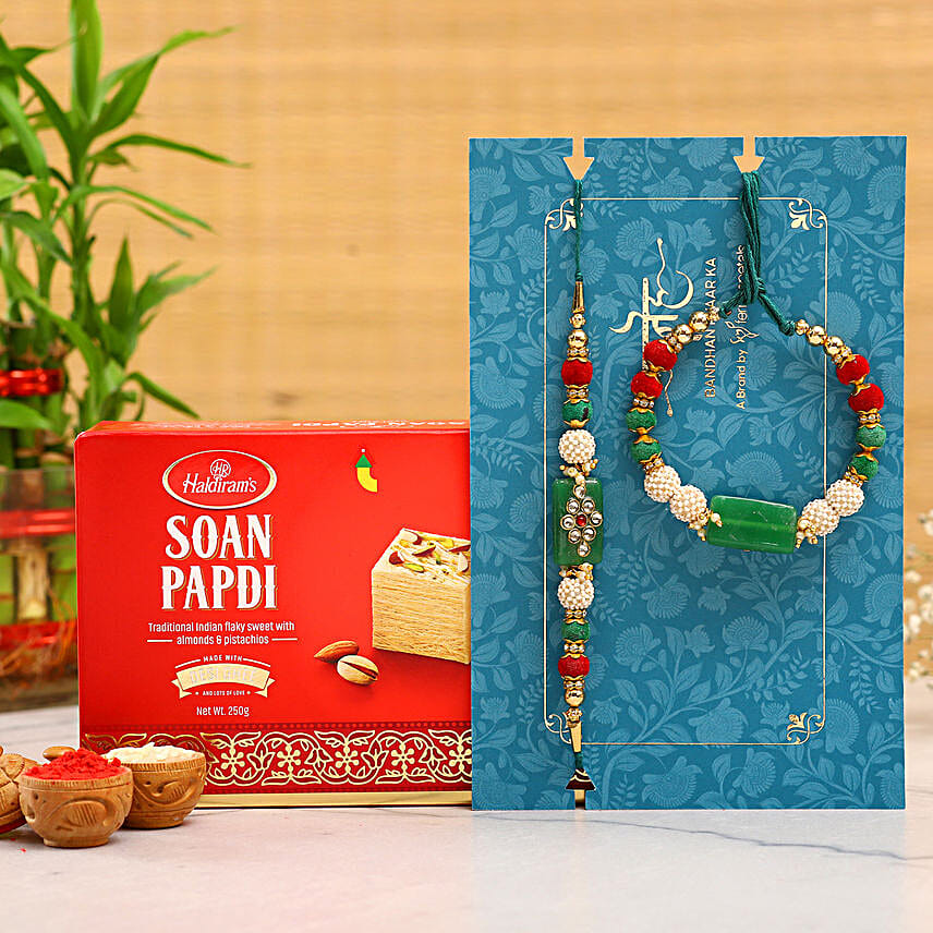 Green Pearl And Lumba Rakhi Set With Soan Papdi