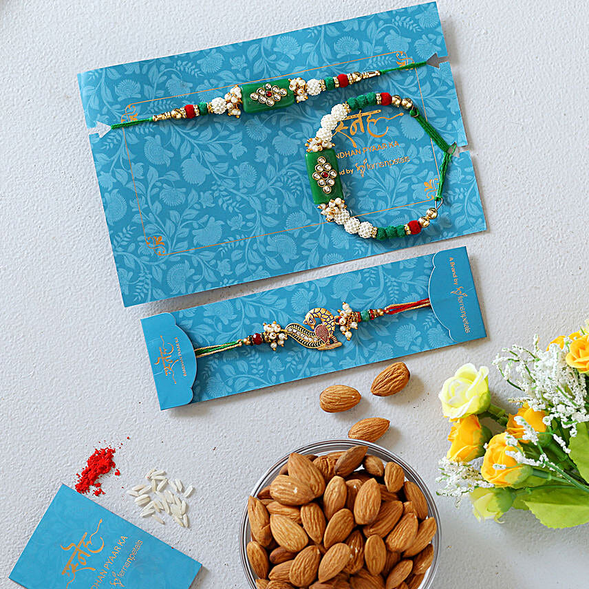 Green Pearl And Peacock Lumba Rakhi Set With Healthy Almonds
