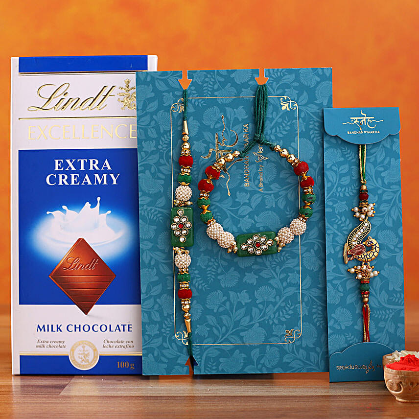 Green Pearl And Peacock Lumba Rakhi Set With Lindt