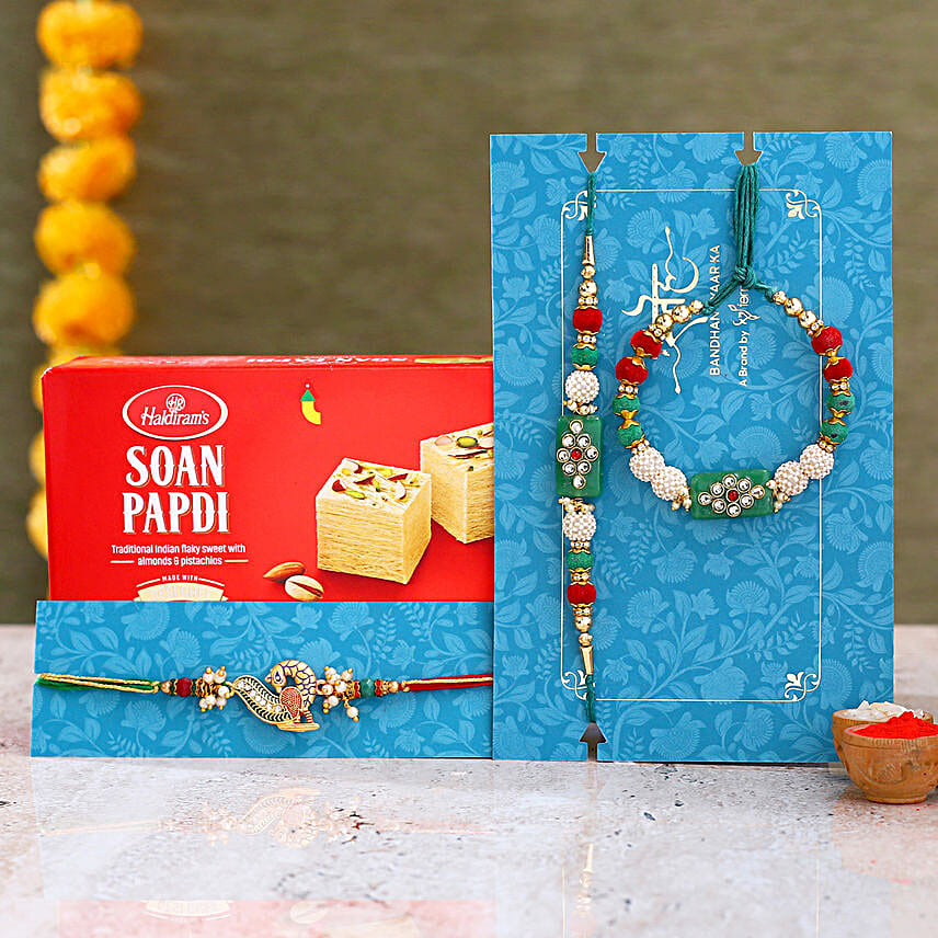 Green Pearl And Peacock Lumba Rakhi Set With Soan Papdi