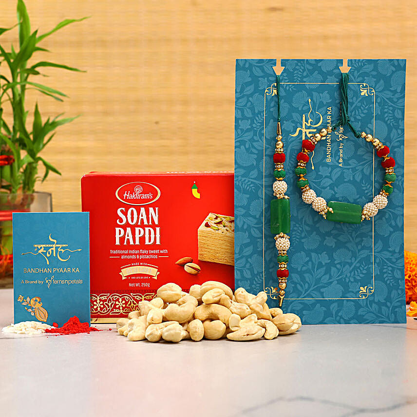 Green Pearl Lumba Rakhi Set And Cashew With Soan Papdi