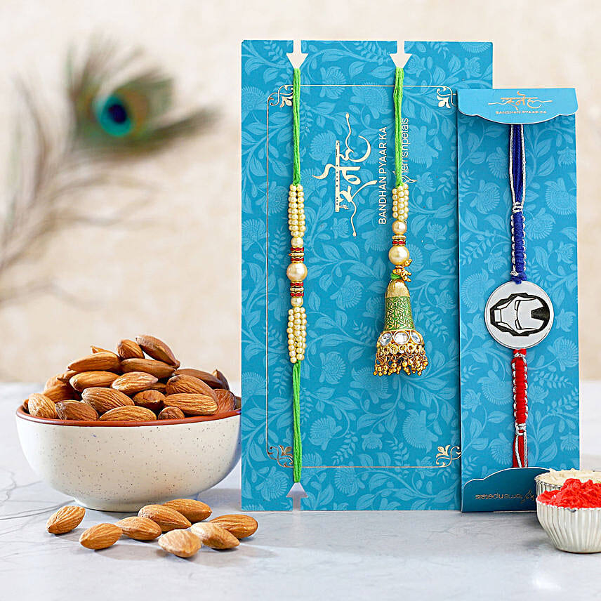 Green Pearl Lumba Rakhi Set And Ironman Rakhi With 100 Gms Almonds