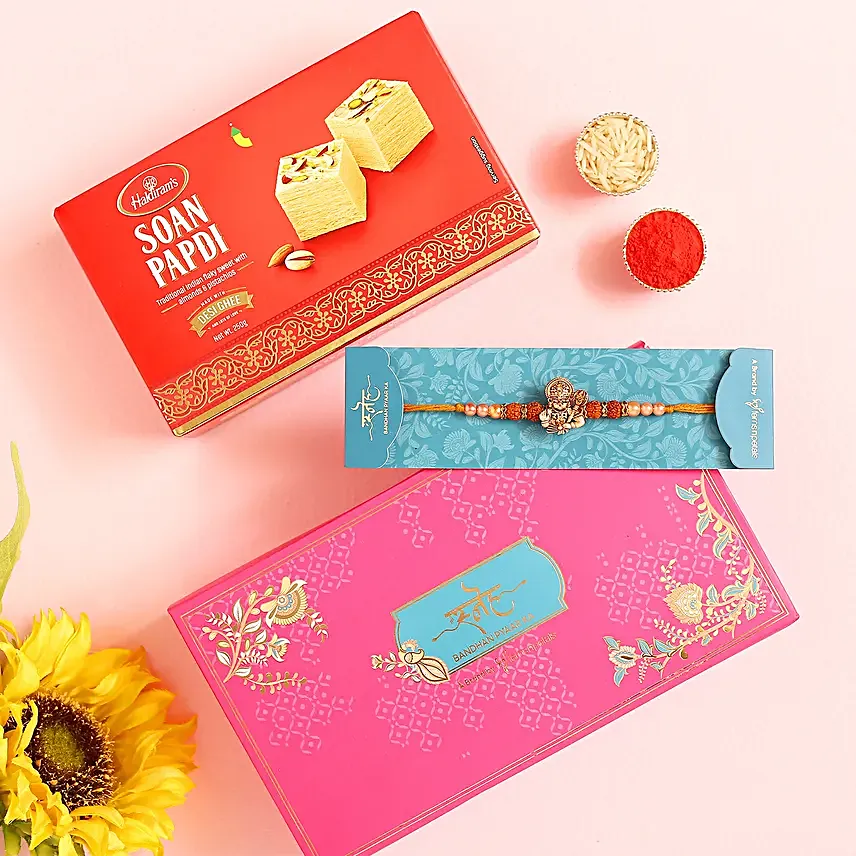 Hanuman Rudraksha Pearl Rakhi And Soan Papdi