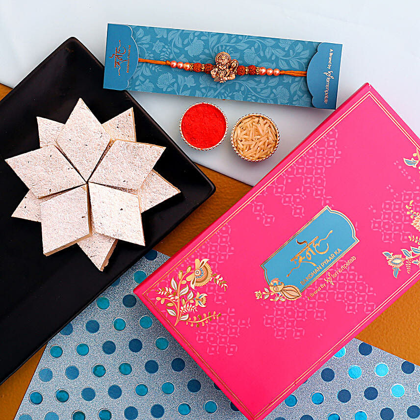 Hanuman Rudraksha Pearl Rakhi With 340 Gms Kaju Katli