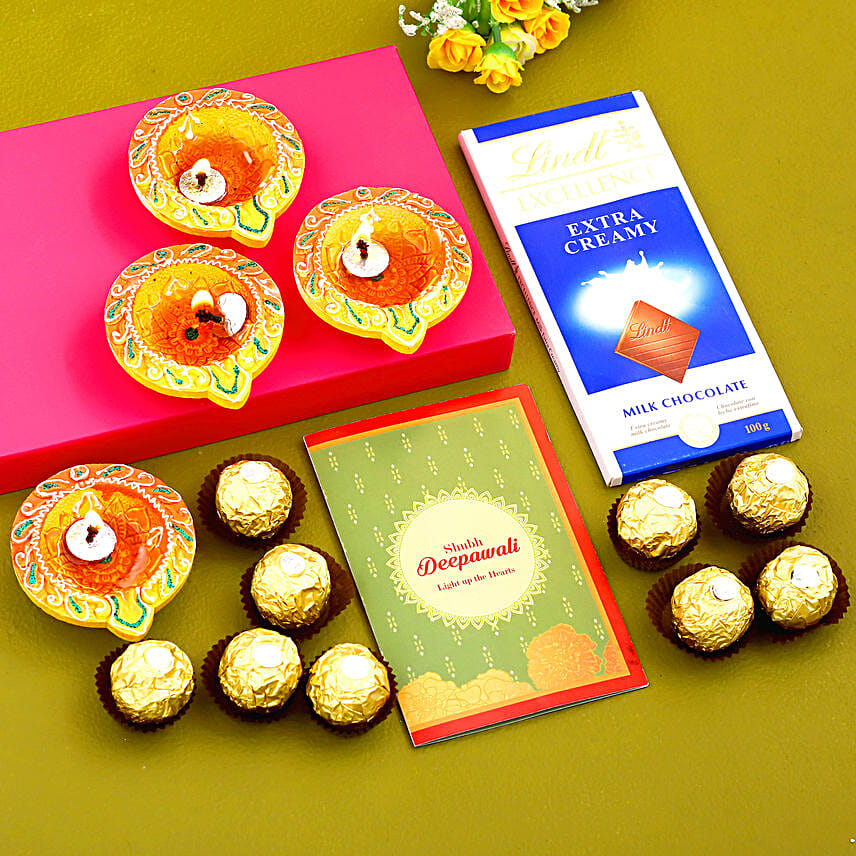 Happy Diwali Diyas With Greeting Card & Chocolates