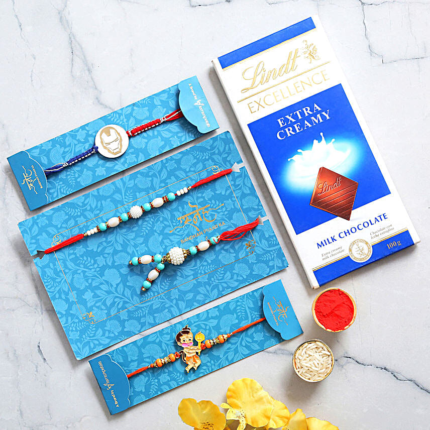 Kids Rakhi Combo And Pearl Lumba Rakhi Set With Lindt