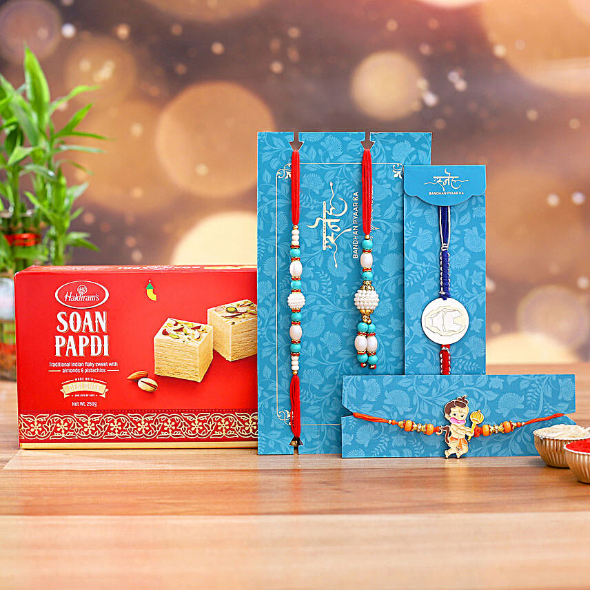 Kids Rakhi Combo And Pearl Lumba Rakhi Set With Soan Papdi
