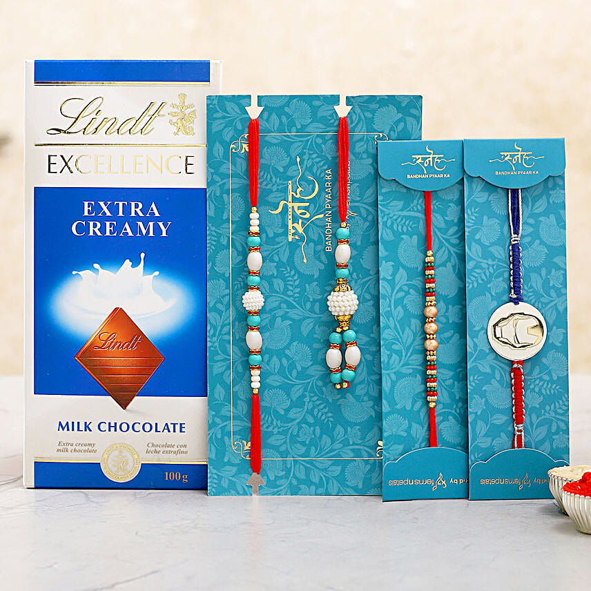 Kids Rakhi Duo And Blue Lumba Rakhi Set With Lindt