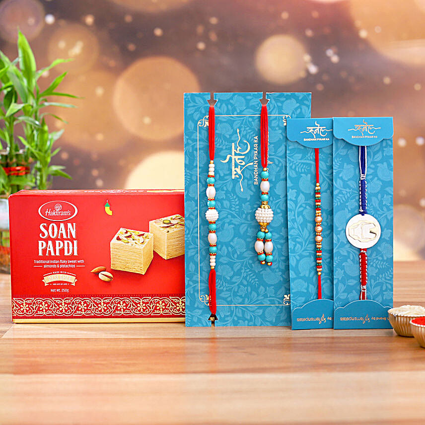 Kids Rakhi Duo And Blue Lumba Rakhi Set With Soan Papdi