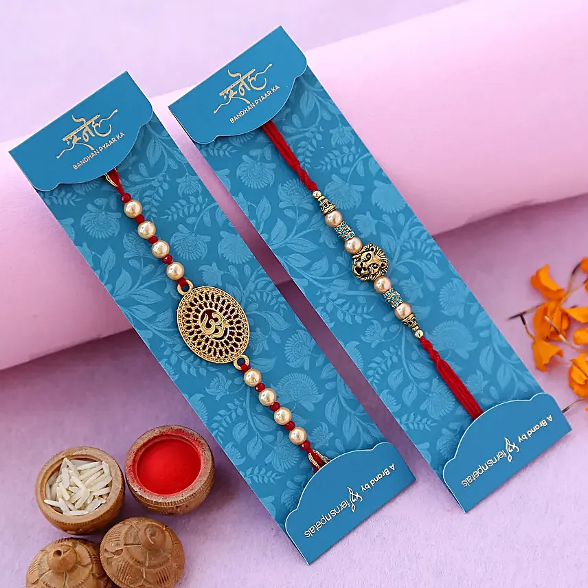 Lion Face And Auspicious Om Pearl Rakhi Set