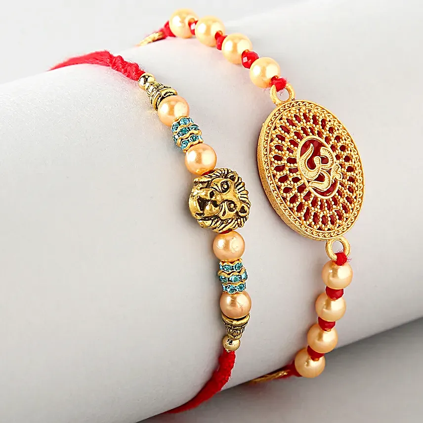 Lion Face And Auspicious Om Pearl Rakhi Set