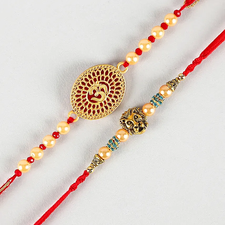 Lion Face And Auspicious Om Pearl Rakhi Set
