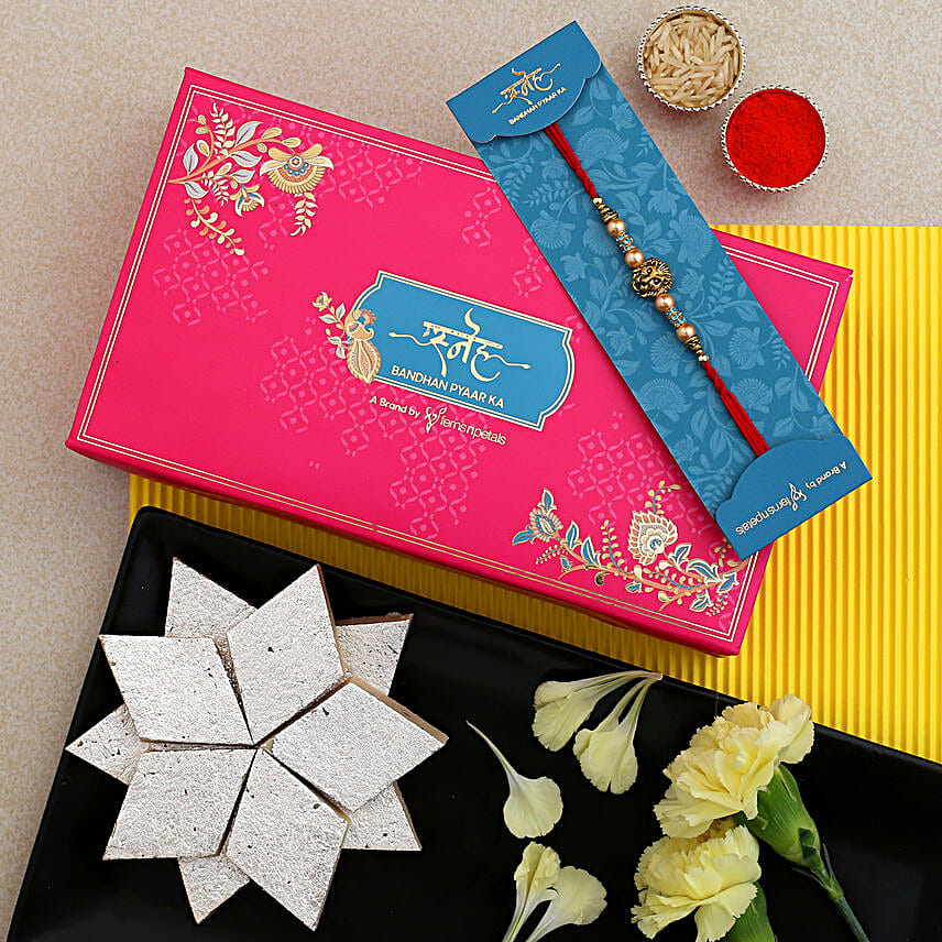 Lion Face Pearl Rakhi With 340 Gms Kaju Katli
