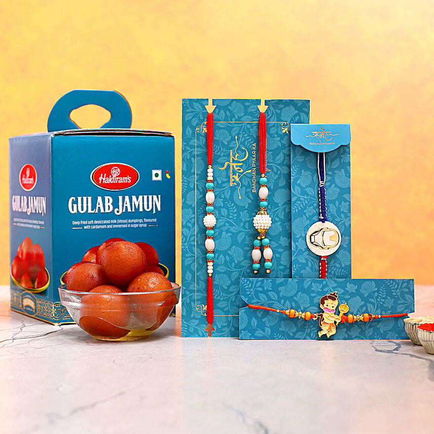 Lumba Rakhi Set And 2 Kids Rakhis With Gulab Jamun