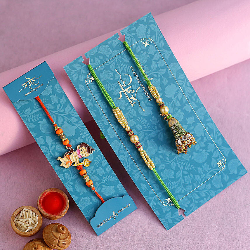 Lumba Rakhi Set And Bal Hanuman Rakhi With Almonds And Soanpapdi