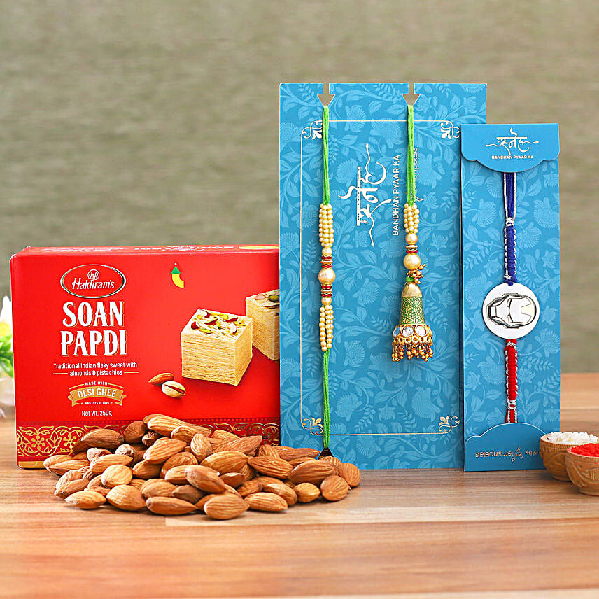 Lumba Rakhi Set And Kids Rakhi With Almonds And Soanpapdi