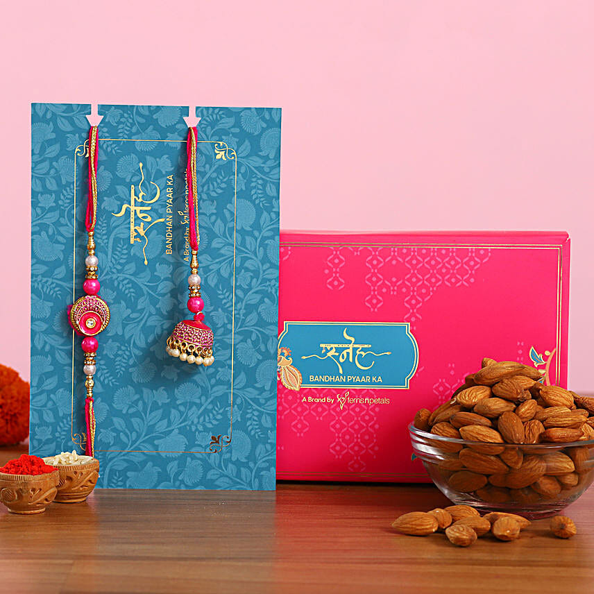 Meenakari Pearl Lumba Rakhi Set With Healthy Almonds