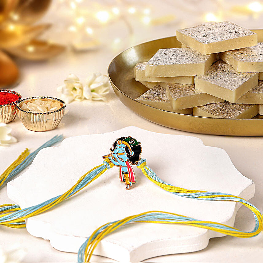 Melodic Krishna Rakhi For Kids N Kaju Katli Delight