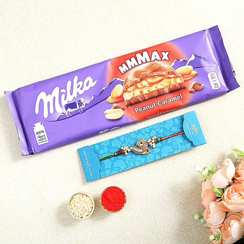 Peacock Designer Rakhi And Milka Peanut Chocolate