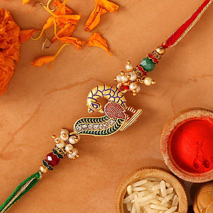 Peacock Designer Rakhi With Gulabjamun And Rasgulla
